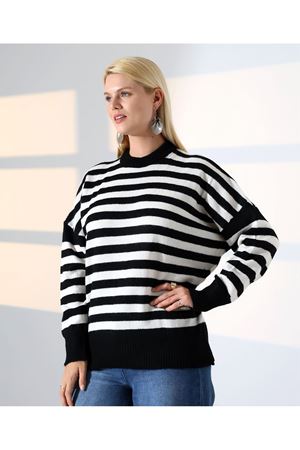 Kadın Bisiklet Yaka Desenli Basic Siyah Triko Kazak