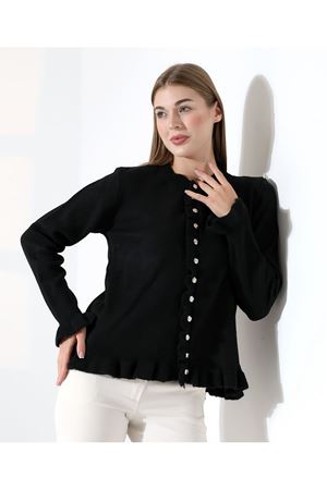 Kadın Düğmeli Bisiklet Yaka Fırfırlı Siyah Triko Hırka