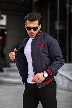 Erkek Baskılı Kapşonlu Lacivert Kolej Rüzgarlık & Yağmurluk