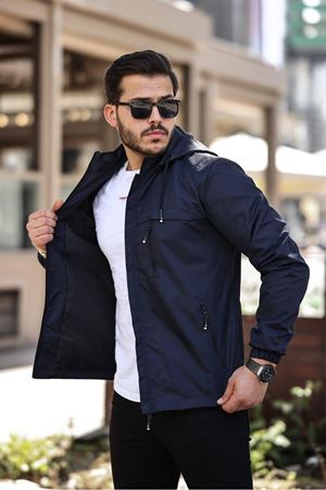 Erkek Kapşonlu Fermuarlı Lacivert Rüzgarlık & Yağmurluk