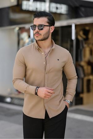 Erkek Basic Slim Fit Uzun Kol Bej Dar Kot Gömlek