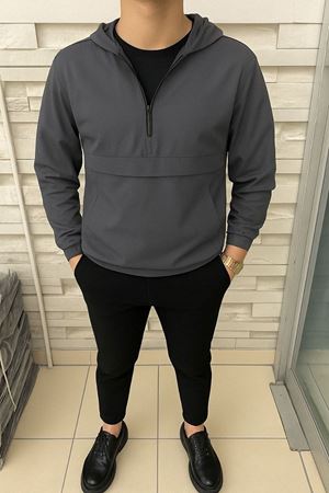 Erkek Fermuarlı Astarsız Kanguru Cep Füme Yağmurluk