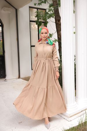 Kadın Uzun Kollu Büzgülü Tesettür Bej Uzun Elbise