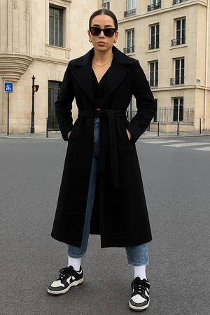 Kadın Kruvaze Salaş Trend Siyah Kaşe Kaban