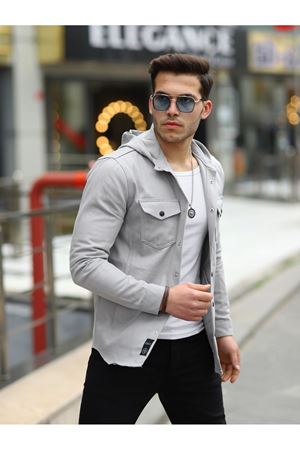 Erkek Kapşonlu Çıt Çıtlı Bol Basic Gri Kot Gömlek