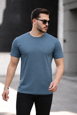 Erkek Basic Bisiklet Yaka Kısa Kollu Dar F.Mavi Tişört