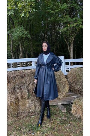 Kadın Belden Bağlamalı Balon Kol Deri Trenç