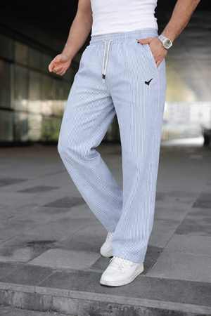 Erkek Trend Lastikli Çizgili Bol Mavi Eşofman Altı