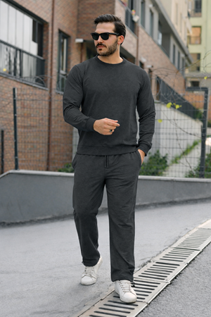 Erkek Pamuklu Bisiklet Yaka Dar Füme Eşofman Takımı