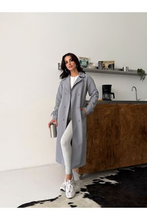 Kadın Klasik Cepli Kuşaklı Trend Midi Gri Trençkot