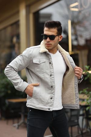 Erkek Trend Kışlık Içi Kürklü Kot Ceket Bej Taş