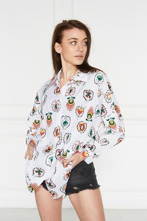 Kadın Oversize Renkli Desenli Uzun Basic Gömlek