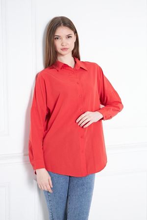Kadın Oversize Uzun Basic Kırmızı Gömlek
