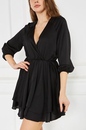 Kadın Kruvaze Yaka Volanlı Beli Ve Kolu Lastikli Saten Kısa Elbise