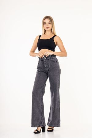 Kadın Gri Beli Lastikli Yüksek Bel Palazzo Jeans