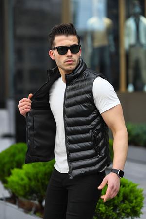 Erkek Siyah Deri Yelek Dolum Elyaf