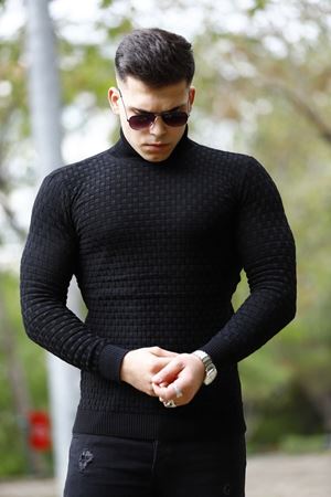 Erkek Desenli Günlük Balıkçı Yaka Siyah Triko Kazak