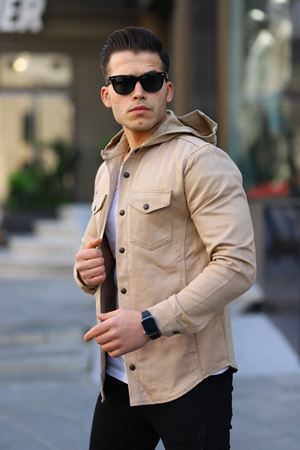 Erkek Kapüşonlu Çıt Çıt Düğme ( Rahat Kalıp ) Kot Gömlek