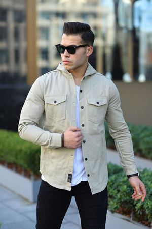 Erkek Kapüşonlu Çıt Çıt Düğme ( Rahat Kalıp ) Kot Gömlek