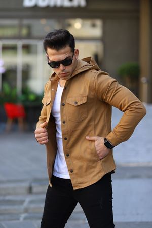 Erkek Kapüşonlu Çıt Çıt Düğme ( Rahat Kalıp ) Kot Gömlek