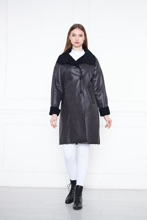 Kadın Trend Içi Kürklü Deri Uzun Siyah Ceket Kaban