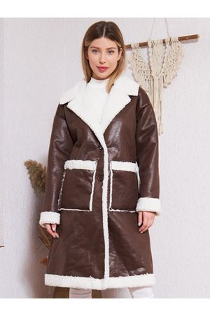Kadın Trend Içi Kürklü Deri Cepli Kahve Ceket Kaban