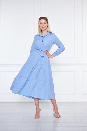 Kadın Kat Kat Gömlek Yaka Şık Bebe Mavi Uzun Elbise