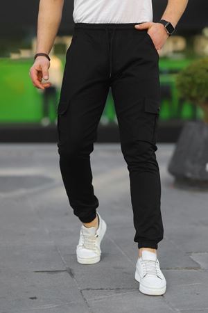 Erkek Beli Paçası Lastikli Esnek Kargo Cep Siyah Jogger Pantolon