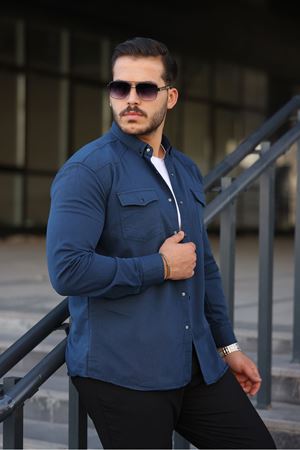 Erkek Slim Fit Cepli Basic Uzun Kol Lacivert Kot Gömlek