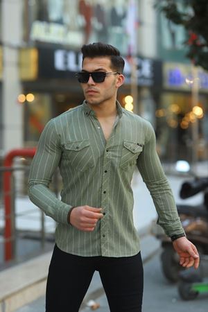 Erkek Slim Fit Çizgili Kot Gömlek