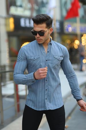 Erkek Slim Fit Çizgili Kot Gömlek