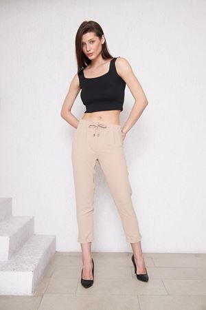Kadın Beli Lastikli Aerobin Duble Paça Bej Pantolon