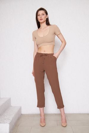 Kadın Beli Lastikli Aerobin Duble Paça Kahve Pantolon