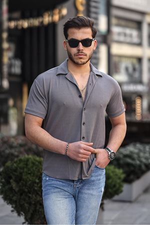 Erkek Yazlık Likralı Slim Fit Gömlek Yaka Kısa Kollu Gömlek