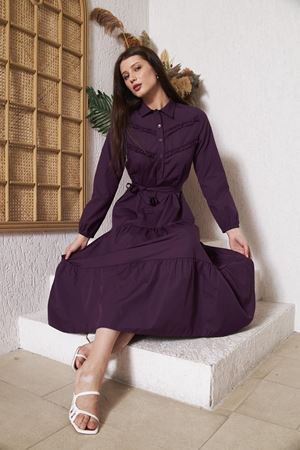 Kadın Katlı Pilise Detaylı Gömlek Yaka Elbise