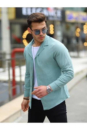 Erkek Trend Kruvaze Yaka Şık Mint Keten Gömlek