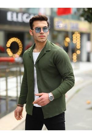 Erkek Trend Kruvaze Yaka Şık Haki Keten Gömlek