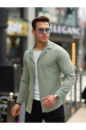 Erkek Trend Kruvaze Yaka Şık Yeşil Keten Gömlek