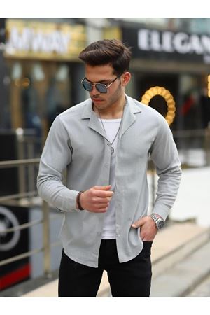 Erkek Trend Kruvaze Yaka Şık Gri Keten Gömlek