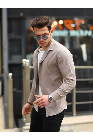 Erkek Trend Kruvaze Yaka Şık Kahve Keten Gömlek