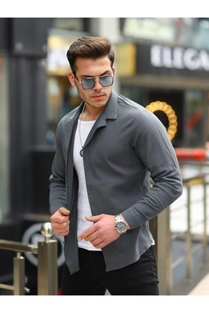 Erkek Trend Kruvaze Yaka Şık Füme Keten Gömlek