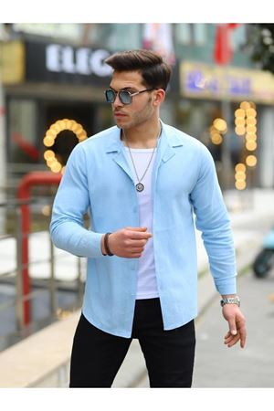 Erkek Trend Kruvaze Yaka Şık Mavi Keten Gömlek