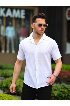 Erkek Keten Kumaş Kısa Kollu Şal Yaka Gömlek