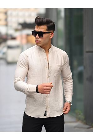 Erkek A Kalite Keten Slim Fit Kapaksız Hakim Yaka Uzun Kol Gömlek