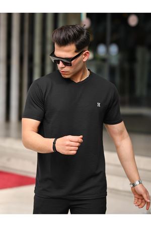 Erkek Slim Fit Waffle Kumaş Sıfır Yaka Nakışlı T-shirt