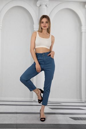 Kadın Bel Lastikli Yüksek Bel İnce Kumaş Kot Pantolon