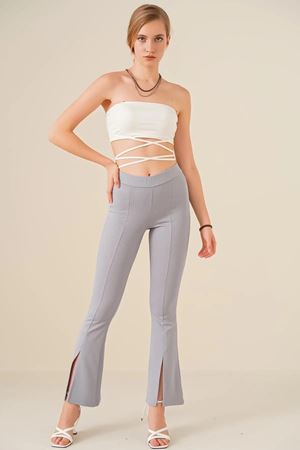 Kadın Çizgili Yırtmaçlı Gri Ispanyol Paça Pantolon