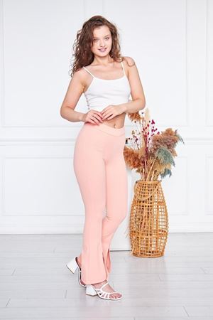 Kadın Çizgili Yırtmaçlı Pudra Ispanyol Paça Pantolon