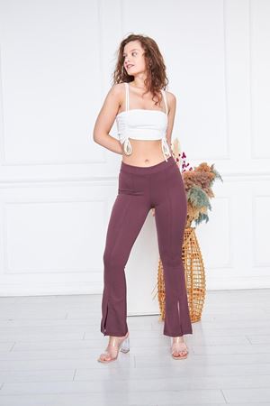 Kadın Çizgili Yırtmaçlı Pembe Ispanyol Paça Pantolon