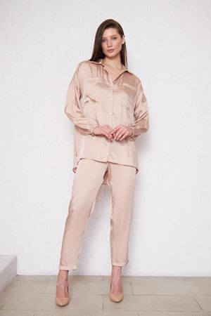 Kadın Oversize Gömlek Beli Lastikli Pantolon Bej Ikili Takım